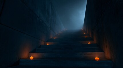 Fototapeta premium A Halloween background depicting a narrow staircase descending into darkness, illuminated only by small orange candles placed along the steps, deep architectural shadows and atmospheric haze