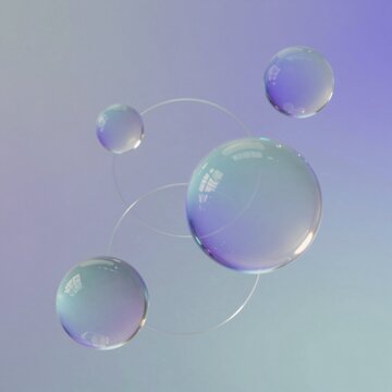three soap bubbles floating air bubbles different sizes shapes largest one center two smaller ones either side largest bubble light blue color while smaller ones darker blue background gradient light