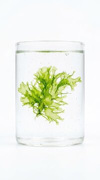 A vibrant, fresh green algae specimen floating in clear water, isolated against a seamless, pure white background. Macro shot, high details, details, crisp, bio
