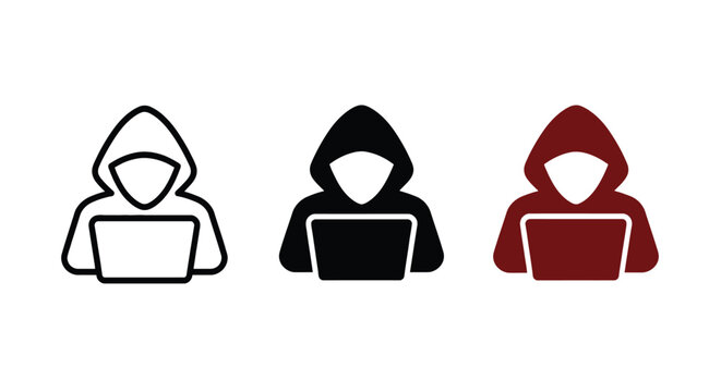 Hacker icon vector illustration in black and dark red with hoodie and laptop