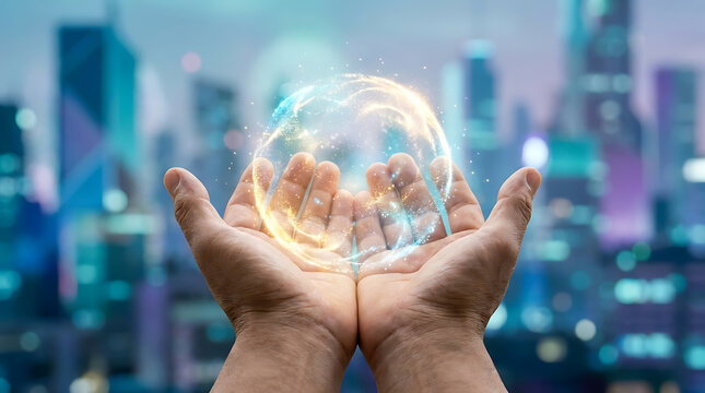 Hands holding a glowing orb with a futuristic city skyline in the background