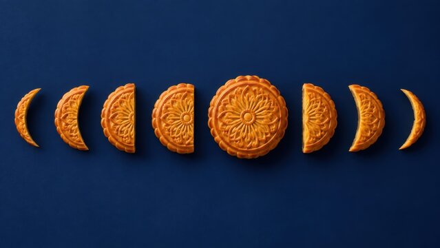 Mooncake Moon Phases on Blue Background for Mid-Autumn Festival