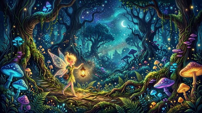 Fantasy fairy illustration exploring a glowing magical forest with glowing mushrooms and lanterns at night
