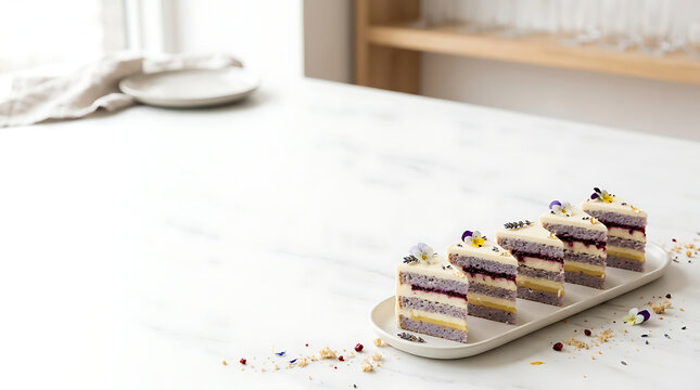 Elegant miniature layered cakes with purple and yellow cream and edible flower decorations on a white marble platter