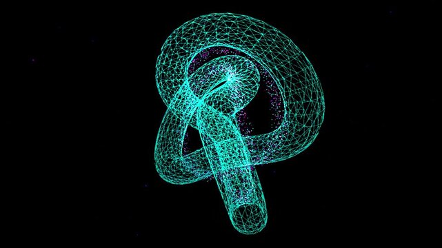 Abstract turquoise geometric knot forms rotating slowly against a black void with subtle light effects