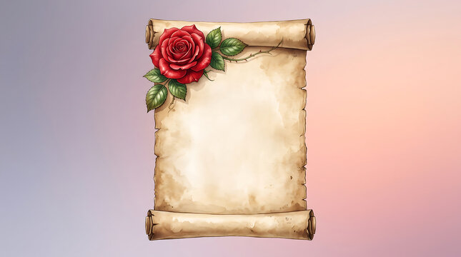 Red rose flower on a vintage parchment scroll with empty copy space