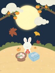 추석 보름달 아래 토끼와 선물 일러스트 © 조 규상