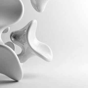 rendering group white objects appear floating air objects arranged way overlapping creating sense movement depth background plain white making objects stand out even more overall mood surreal
