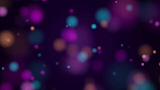 Abstract dark background with floating purple and cyan synthwave bokeh particles. This seamless motion graphic loop is perfect for retro futuristic neon video designs.
