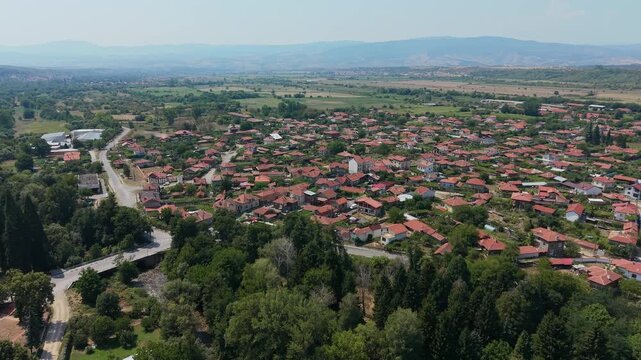Aerial drone view of Stob village with red tile roofs in Bulgaria
