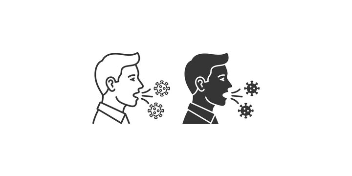 Person coughing with viral particles floating in air in outline and solid icon styles for healthcare communication.