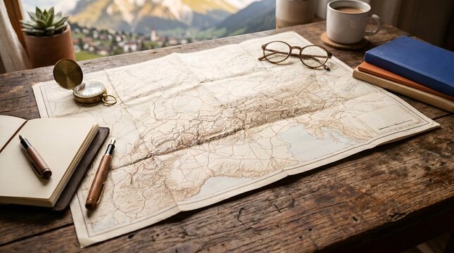 Vintage map spread on a wooden table with a compass and coffee mug for journey planning