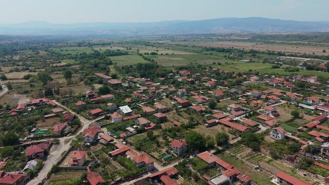 Aerial view of Stob village with traditional houses in Bulgaria