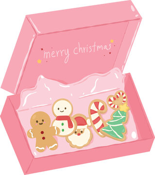 Open pink gift box revealing cute festive gingerbread cookies inside for winter holiday celebration treats