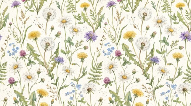 Watercolor seamless pattern with wildflowers, plants, dandelions and daisies. Delicate handmade print on paper texture for wallpapers, fabric, home textile or background, design floral pattern 