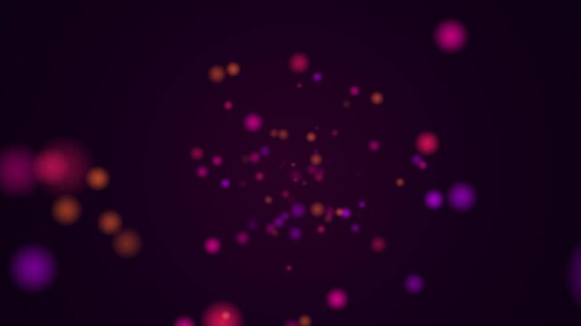 Abstract dark background with flying purple, pink, and orange bokeh particles. This seamless hyperspace motion graphic loop is perfect for sci-fi or futuristic video designs.