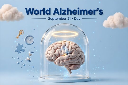 World alzheimer day banner with human brain in glass jar