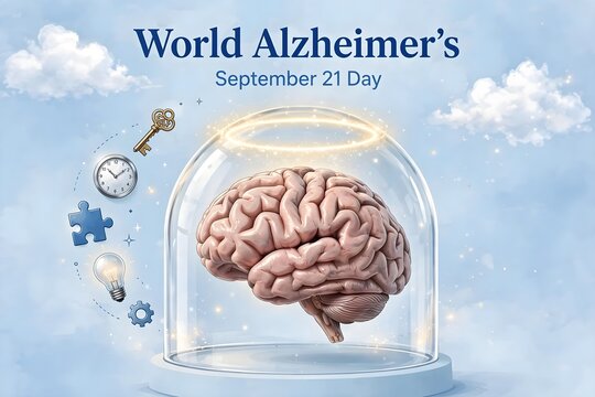 World alzheimer day banner with human brain in glass jar
