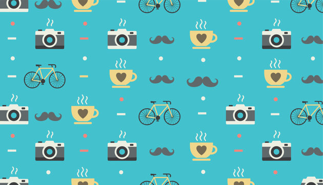 Trendy seamless hipster pattern with vintage camera, coffee cup, bicycle, and mustache on a bright blue background.
