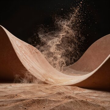 digital art piece appears photograph wave wave like structure wave two curved sections one top covered sand sand light beige color scattered around wave background black making wave sand stand out