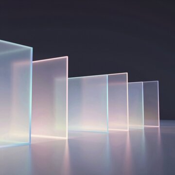 group five rectangular glass blocks arranged row reflective surface blocks different sizes shapes largest one center smallest one side background dark grey color blocks lit gradient blue pink hues