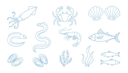 Obraz premium Detailed blue outline icons of various seafood including squid, crab, fish, shrimp, fresh oysters and seaweed.
