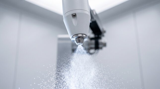 White industrial robotic arm nozzle spraying a fine mist inside a sterile manufacturing facility. automated production, precision engineering, futuristic technology.