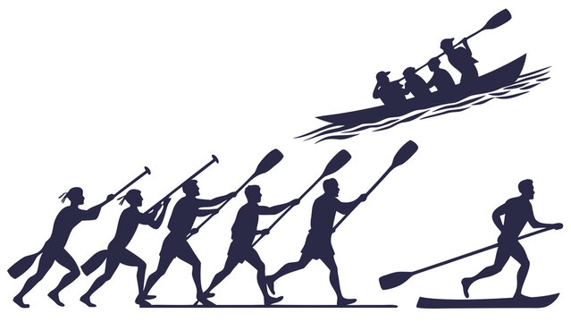 Silhouettes of people paddling canoes and stand up paddle boarding with paddling