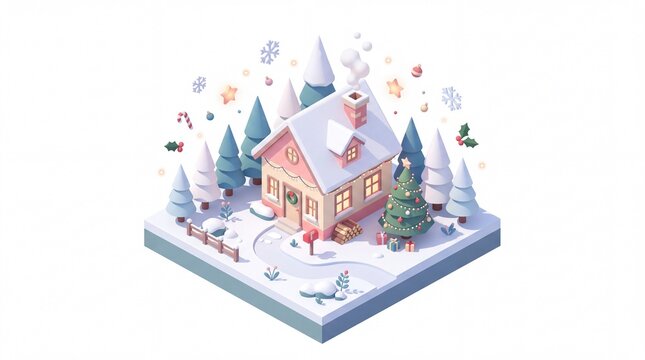 3D isometric illustration of a cozy snowy house with pine trees, Christmas tree, and presents