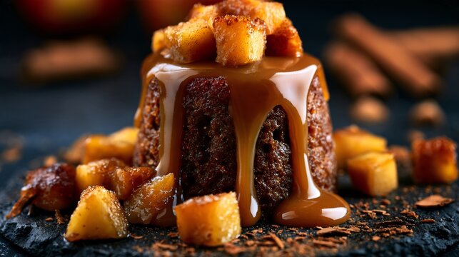 A cinematic autumn apple dessert background featuring an apple sticky toffee pudding with glossy caramel cascading down the sides, surrounded by baked apple cubes and cinnamon fragments