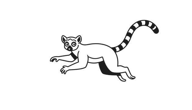 Ring-tailed lemur captured mid-leap with its striped tail raised in a clean black and white outline illustration.