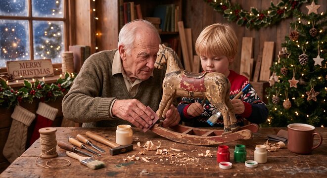 Elderly man and young boy crafting a wooden horse toy in a cozy cabin  