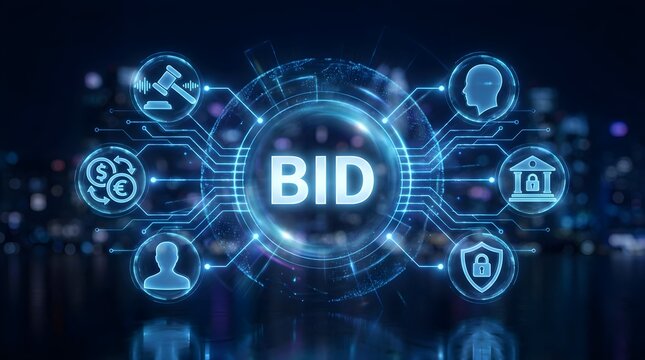 Digital bidding concept with icons and glowing network connections