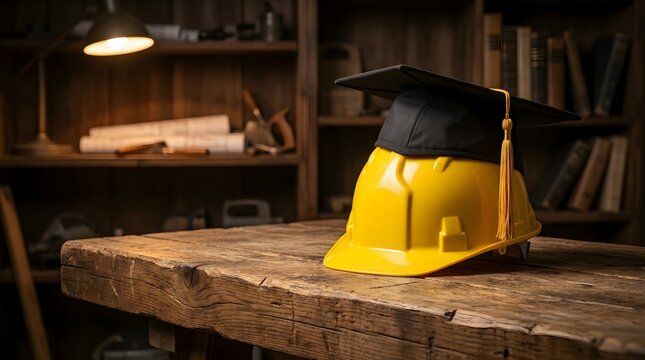 Graduation cap on hard hat on wooden table