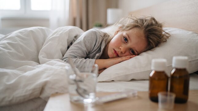 Sick girl resting in bed with medicine and water