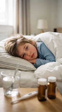 Sick child lying in bed with medicine on bedside table
