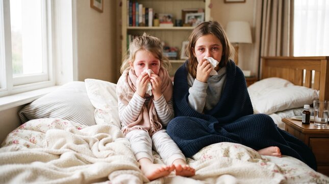 Two sick sisters holding tissues while sitting on bed