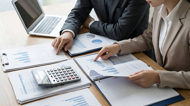 Business professionals analyzing financial reports and data with laptop and calculator