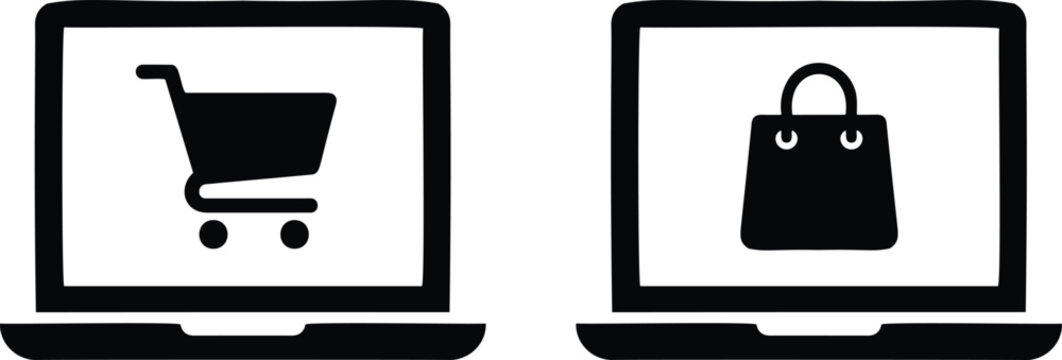 Vector illustration of laptops with shopping cart and bag icons representing e‑commerce, online retail, and checkout concepts