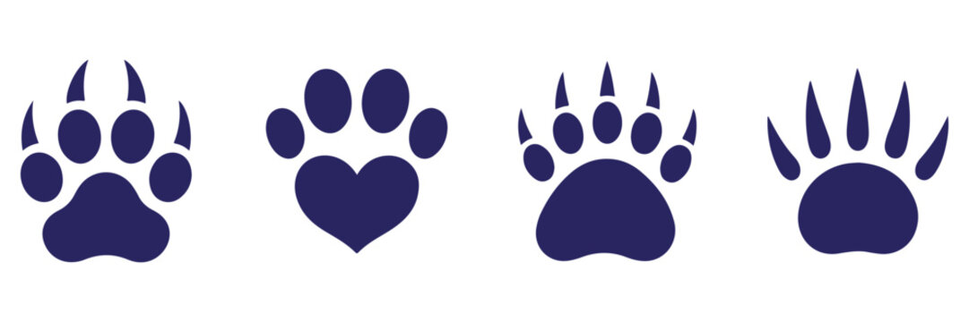 Wildlife animal paw prints including heart shape and sharp claws for nature and love thematic icons.