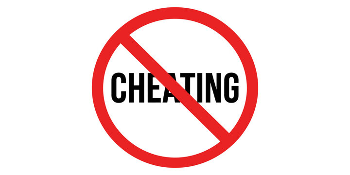 Prohibition sign with black text cheating on transparent background for academic honesty awareness.