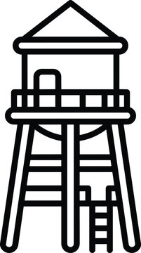 Outline vector icon of a four-legged water tank tower, industrial architecture for water supply, utility infrastructure, and municipal services