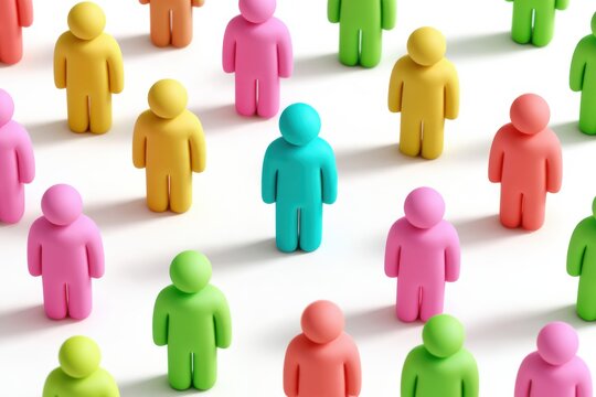 Diverse human figures in various colors are arranged on a white background, with a turquoise figure standing out among pink, yellow, coral, and green figures