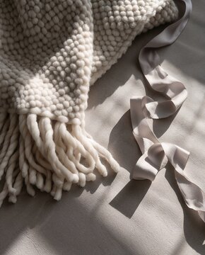 Cozy knitted blanket with flowing satin ribbons on a soft surface  