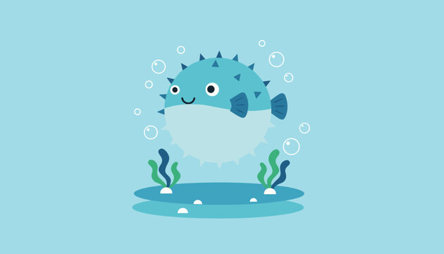 Cute little cartoon pufferfish swimming in blue water surrounded by bubbles and sea plants on a light background.
