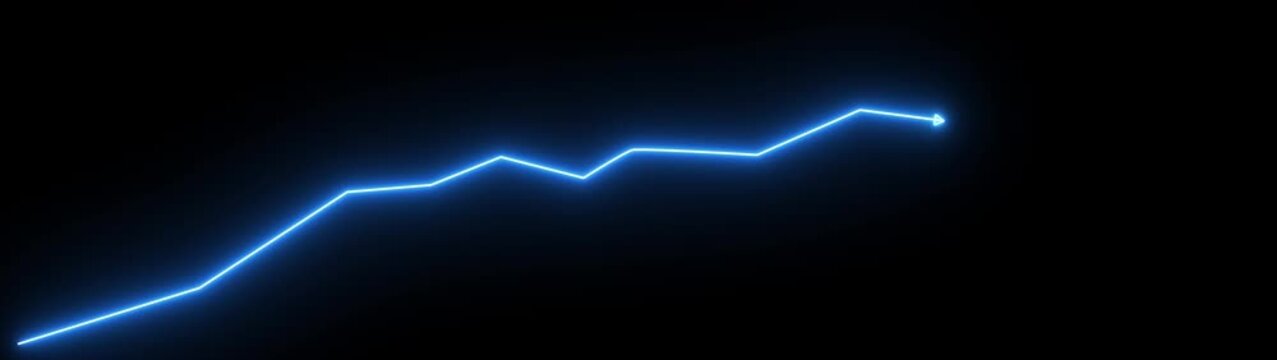 Neon Blue Growth Arrow Line Graph with Glowing Green Arrowhead on Black Background for Business, Finance, Analytics, Success and Digital Technology