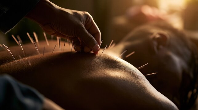 Close Up of Acupuncture Needles Placed on Patient's Back in Wellness Spa