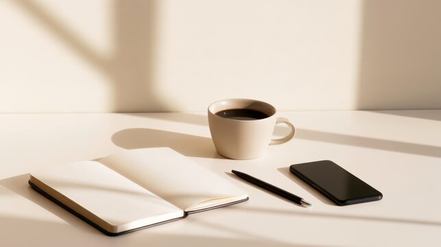 Minimalist workspace with a blank notebook, ceramic coffee cup, slim pen, and smartphone neatly arranged on a clean desk, illuminated by soft window shadows