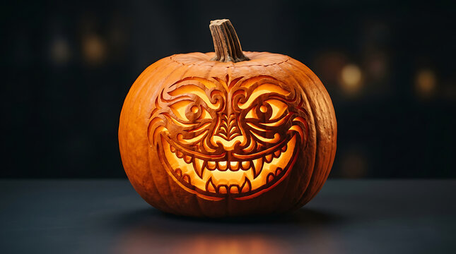 Spooky carved pumpkin with a scary face glowing with an eerie light, perfect for Halloween decorations and festive celebrations