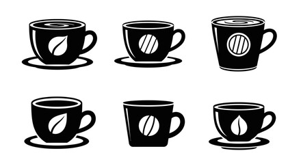 Obraz premium Set of black coffee cup icons with leaf and bean symbols on saucers representing organic espresso and herbal tea drinks for eco friendly cafe branding assets